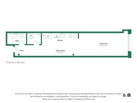 Floor plan for studio, 1 bath, 557 sqft